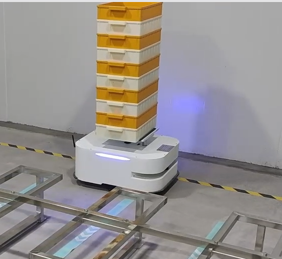 Lifting AGV carrying stacked silkworm production trays